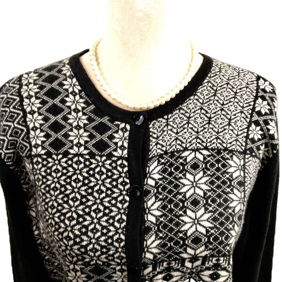 Talbots Womens Large Cardigan Sweater Black White Merino Wool Cashmere Blend - Picture 3 of 7